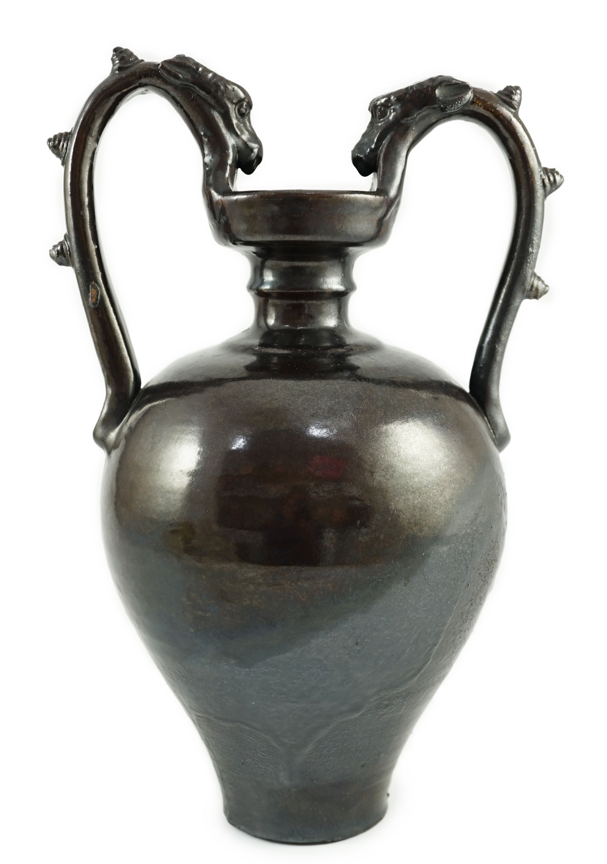 A Chinese dark brown glazed twin handled amphora, in Tang style probably Republic period, 29.5cm high